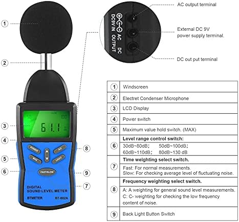 מד רמת צליל דיגיטלי של BBSJ ， עוצמת נפח רעש מדידת מכשיר בודק ניטור דציבלים עם בדיקת נפח שמע רעש 30-130dB