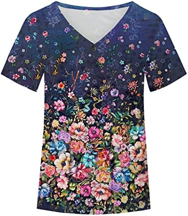 קיץ חולצות לנשים פרחוני הדפסה קצר שרוול חולצת טי עם צוואר צבע בלוק חולצות מקרית רופף מתאים טוניקת טיז חולצה