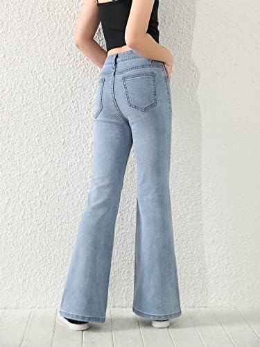 מכנסי ג 'ינס מוצקים מותניים גבוהים מזדמנים של הילדה נמתחים מכנסי ג' ינס עם כיס