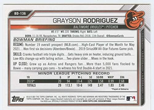 2021 דראפט באומן BD-136 גרייסון רודריגז RC טירון בולטימור אוריולס MLB כרטיס מסחר בייסבול