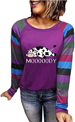 וינטג 'נשים מצחיק שרוול ארוך שרוול ארוך בלוק חולצה חווה חווה משמרת צוואר פרות מודפסות