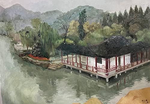 ציור שמן גדול בעבודת יד 37 x32 של גן סוז'ואו קלאסי על ידי האגם על בד מאת האמן יאנג סיהאנג