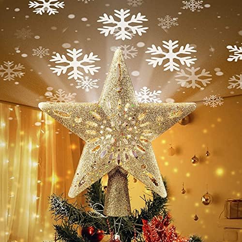 טופר עץ כוכב חג המולד עם מקרן מקרן פתית שלג מובנה LED טופר עץ פנטגרם חלול, חבר קישוט עץ חג המולד למשרד