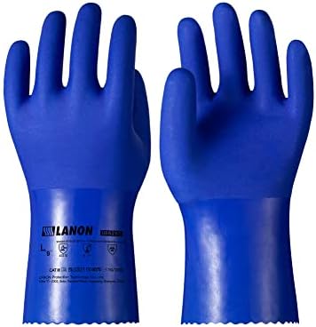 כפפות עמידות כימיות של Lanon PVC, כפפות גומי כבדות, הגנה על חומצה, אלקלי ושמן, ללא החלקה, כחול, XL