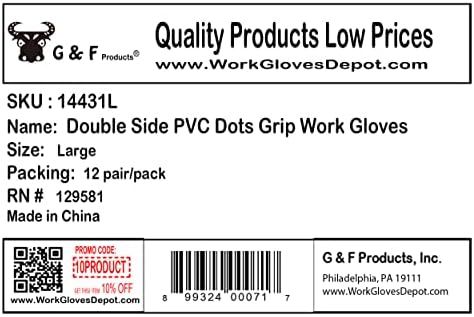 מוצרי G&F 14431M-120 כפפות עבודות כותנה טבעיות עם נקודות PVC בצד כפול כפפות אפורות, צבעי טבעת שונים, בינוני