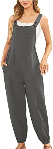 נשים של רגיל כפתור סינר סרבל מזדמן קיץ שרוולים סרבלי רופף רומפר ארוך מכנסיים עם כיסים לעבודה