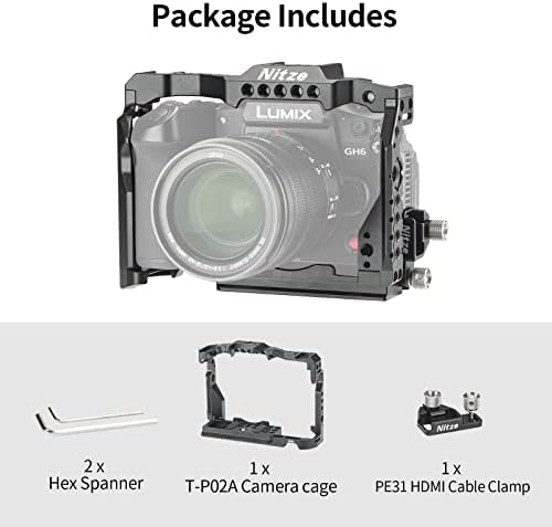כלוב Nitze GH6 למצלמת GH6 של Panasonic עם מהדק כבל HDMI, רכבת נאטו מובנית וצלחת QR שוויצרית ARCA-T-P02B