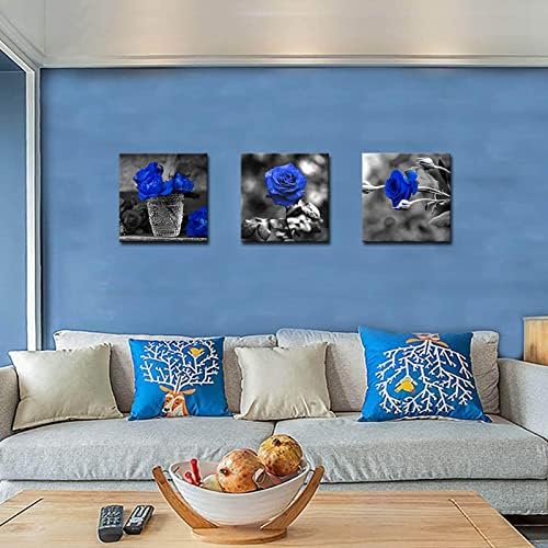 SKENOART 3 לוחות קיר קיר קיר קיר ורד כחול שחור ולבן ציור תמונה פרחונית כחולה מלכותית מוכנה