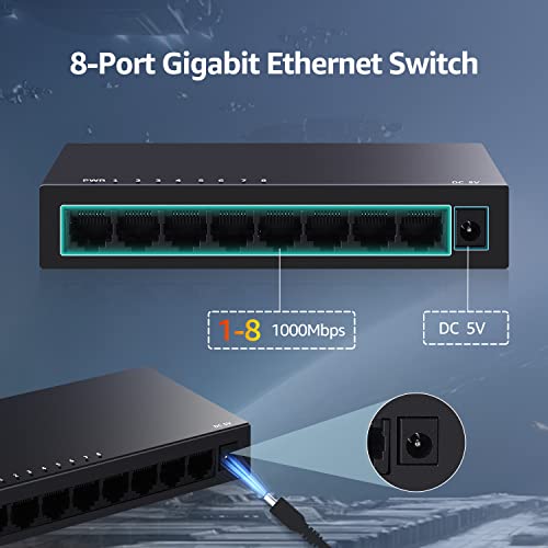 8 מתג אתרנט של Gigabit Ethernet לא מנוהל, מפצל אתרנט רשת NICGIGA, הרכבה לשולחן העבודה או קיר, ללא מאוורר, תקע