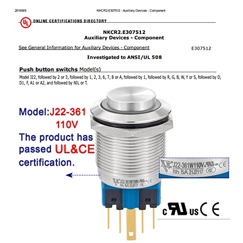 UL מוסמך 2 PCS 22 ממ לחצן כפתור מתג נופש עגול עגול עגול IP67 ON ONF נירוסטה 304 עם LED 110V 120V עבור 7/8