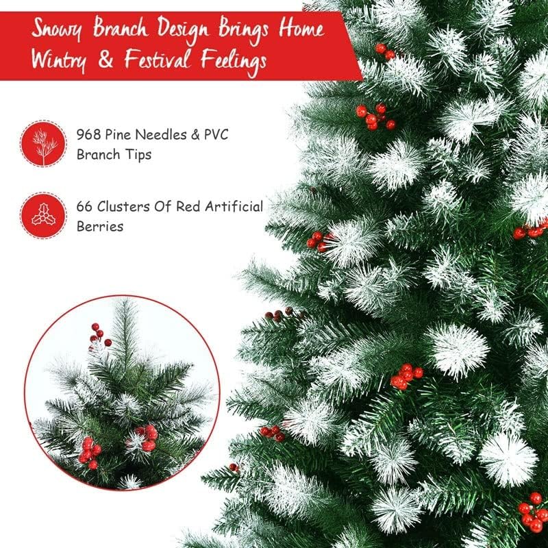 N/a 6ft לא צרים עץ חג מולד מלאכותי עם טיפים נוהרים של שלג וגרגרי יער אדומים
