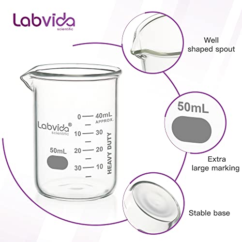 Labvida Beakers Beakers זכוכית כבדה קבעו 10 יח 'של כרך 50 מל קירות עבה, 3.3 בורו גריפין צורה
