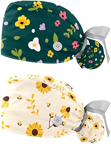 כובע בופנט פרחים יפהפה עם קשרי סרט וכפתור 2 מחשבים קרצוף כובעים נשים שיער ארוך גודל אחד כיסוי ראש עובד
