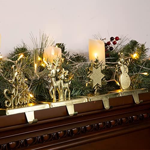 מחזיק גרב חג המולד של אליפי שלג, קישוטים לחג המולד למעטפת אח, קישוטי חג המולד של הקולב- זהב