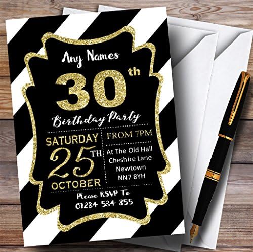 פסים אלכסוניים לבנים שחורים זהב 30 הזמנות למסיבת יום הולדת בהתאמה אישית