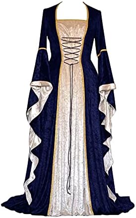 רנסנס שמלה, נשים של רטרו סגנון מוצק צבע חצוצרה ארוך שרוול נסיכת שמלת מקסי שמלה