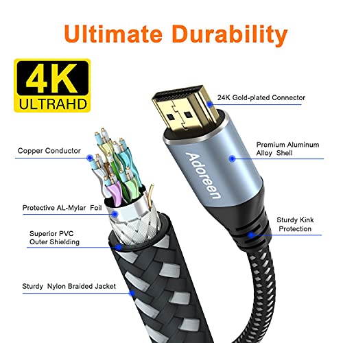 Adoreen 4K HDMI כבל 8 רגל/2 חבילה, מהירות גבוהה 18 ג'יגה -ביט לשנייה HDMI 2.0, HDR HDCP 3D 4K@60Hz
