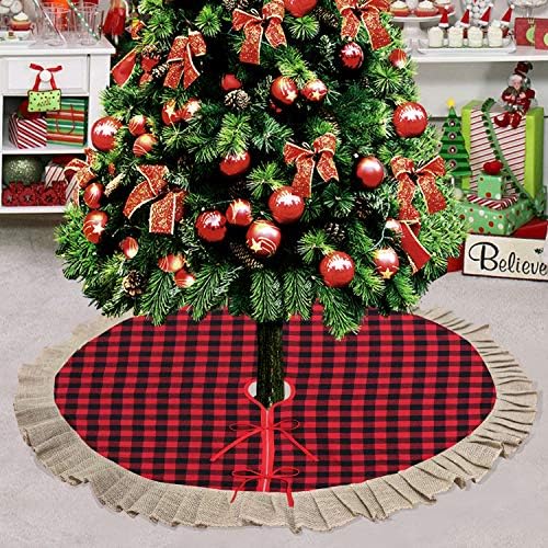 חצאית עץ חג המולד של PartyProps, חצאית עץ משובצת באפלו אדומה בגודל 48 אינץ