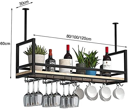 EMISOO מדף תקרה תלוי מדפים צפים למסעדת בר מטבח, מתלי אחסון תלויים, מתלי זכוכית יין תקרה, מתלה יין מעץ מלא ברזל,