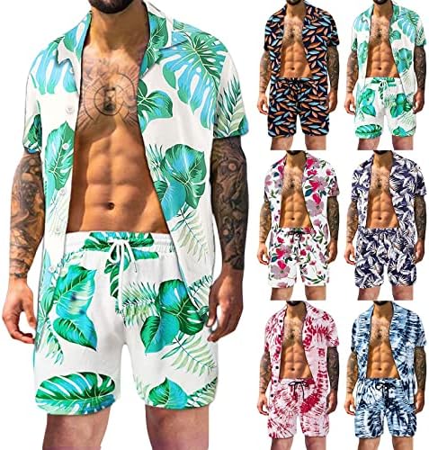 גברים 2 סטים של גברים קיץ אביב קיץ סט קיץ מזדמן חוף חוף טרופי כפתור מזדמן למטה הדפס חולצה קצרה