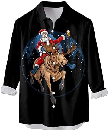 WOCACHI חג מולד שמח כפתור שרוול ארוך של גברים למטה, חג המולד סנטה קלאוס הדפס באולינג חולצות חולצות