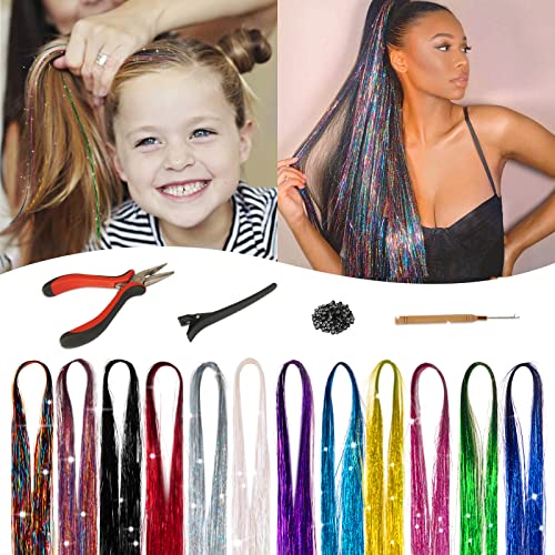 שיער טינסל ערכת, 12 צבעים פיות שיער טינסל עם כלים, פיקוקו 48 אינץ 2400 קווצות שיער טינסל חום עמיד עבור נשים בנות,
