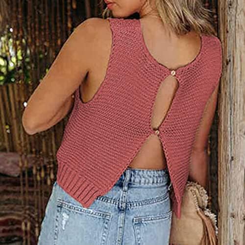 נשים קיץ לסרוג גופיות עגול צוואר סרוגה סוודר חולצות מוצק צבע ללא שרוולים מקרית יבול חולצות לנערות