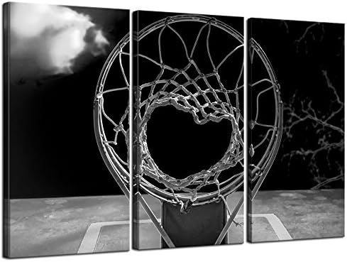 3 פאנל בד שחור לבן הדפסים הדפסים כדורסל חישוק תמונות אמנות קיר אמנות גלריית יצירות אמנות עטופות מוכנות יו תלייה