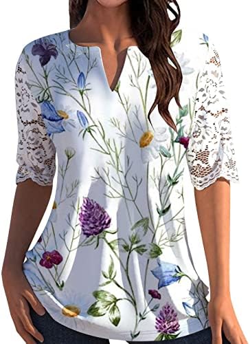 2023 נשים V Neck חולצות תחרה תחרה חצי שרוול סיסי טיז סיביות טי קיץ צמרות טוניקה לבוש חולצה מודפסת פרחונית