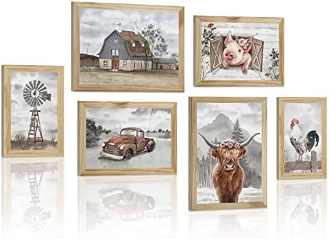 אמנות קיר קיר קיר בד חווה: תמונת סצנה כפרית מערבית, פוסטר של בעלי חיים ממוסגרים, משאית אסם טחנת רוח חזיר