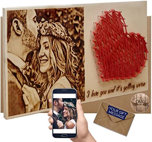 מתנות רומנטיות עבור שלה - הים - צילום שרוף עץ בהתאמה אישית עם חוט כותנה אמנות לב - מתנות מעץ לאישה -