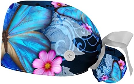 2 חבילות כובעי עבודה עם כפתור, פרפר כחול פרחים בופנט קרצוף כובעי נשים שיער ארוך