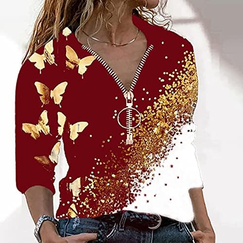 נשים רבעון רוכסן סוודר חולצות עמוק צוואר סרט זהב פרפר הדפסת סווטשירט ארוך שרוול סתיו מזדמן חולצה