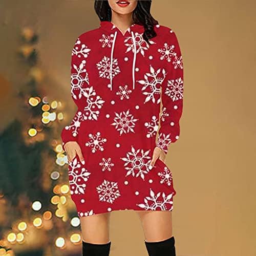 נשים נים שמלות חג המולד 3 ד הדפסת שרוך כובע צווארון רופף מזדמן ארוך שרוולים סלעית סוודר שמלה קיצית