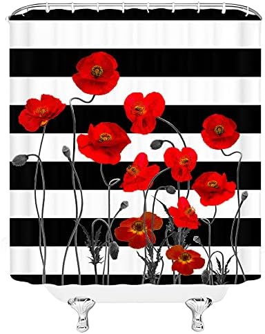 Jirgixa שחור לבן פרחים פרחים וילון מקלחת פרחים פרחים פרחים אדומים פורחים נמנע משאיר פסים גיאומטריים יצירתיים מודרניים