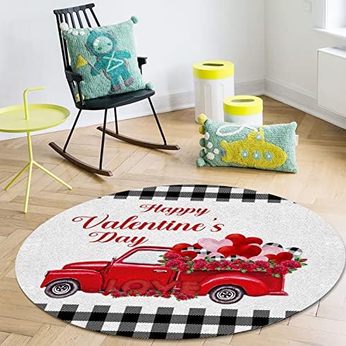שטיח שטח עגול גדול לחדר שינה בסלון, שטיחים 3ft שאינם החלקה לחדר ילדים, משאית אדומה של יום האהבה שמח