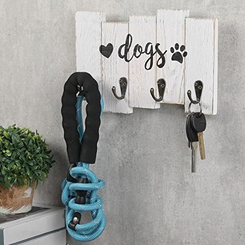 מחזיק רצועה של כלב רכוב על קיר Mygift, עץ כפרי עם 4-וו-סיד מתלה מפתח מתלה עם תווית כלבים, מדבקות הדפסת לב