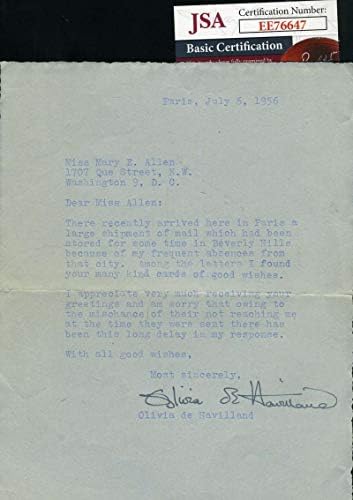 Olivia dehavilland JSA COA יד חתמה על 1956 מכתב חתימה אותנטית
