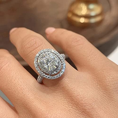 טבעת צורה עגולה כסוף יהלום עגול ריינסטון מלא טבעת עגולה חותכת טבעת אמיתית מעורבות חתונה, גודל טבעת יהלום בגודל