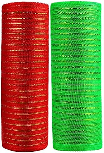 חג חג המולד של דקו פולי רשת - 10 אינץ 'x 10 מטר כל גליל - אדום ואמרלד ירוק עם נייר כסף מתכתי זהב