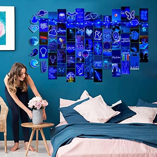 Tyzzhoa כחול ניאון אורות LED אורות קיר קולאז 'ערכת תמונות אסתטיות, 70 יחידות עיצוב חדר אינדי אסתטי לבנות