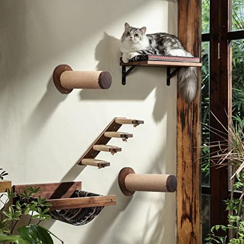 פוקומארו חתול קיר ריהוט, 11.8 אינץ חתול קיר מדפים עבור קיר גבס, אגוז עץ חתול מדרגות עבור קיר רכוב עם