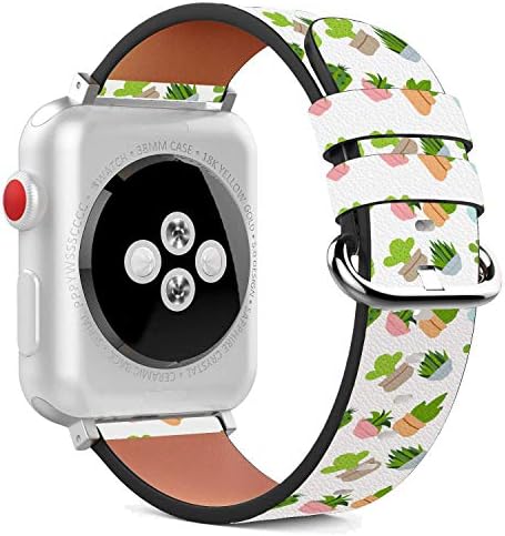 תואם ל- Apple Watch - 42 ממ / 44 ממ / 45 ממ צמיד צמיד עור עם אבזם ומתאמים נירוסטה - דפוס עיצוב שטוח של קקטוס