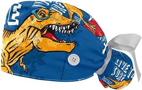 קיגאורו 2 חבילה כובע העבודה של נשים עם כפתורים קשירה סרטים לאחור של דינוזאור כחול דפוס שיער ארוך שיער