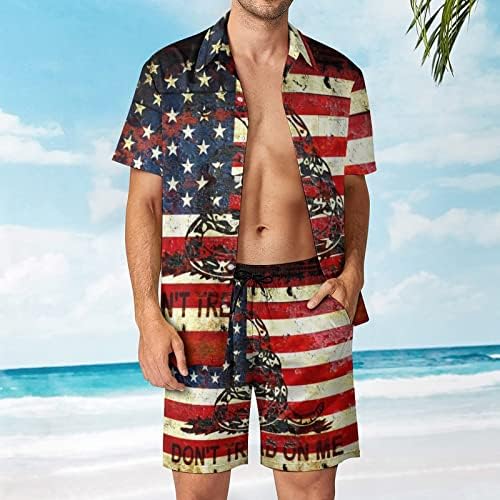 Weedkeycat דגל אמריקאי דגל חוף לגברים תלבושות 2 חלקים כפתור הוואי מטה חולצה עם שרוול קצר ומכנסי תא מטען