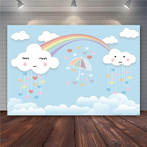 קריקטורה ענן כחול שמיים רקע 5 על 3 רגל וינלי צילום רקע לבן ענן כחול שמיים מטריית לבבות חמוד חיוך פנים קשת