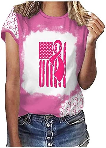 חולצות מודעות לסרטן השד לנשים וורודים טיז רופף דגל ארהב דגל שרוול קצר שרוול צוואר צווארון גברות סרט חמוד צמרות