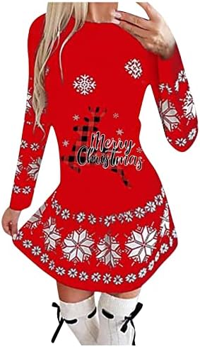 Nokmopo שרוול ארוך שמלת מקסי שמלת נשים צוואר עגול הדפס חג המולד חצאית קפלים חצאית ארוכה מסיבת