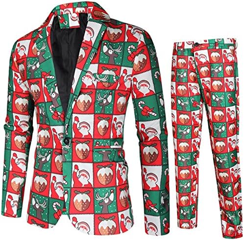 גברים Akimpe 2 חלקים לחג המולד תלבושות חליפה מודפסות, 1 PC צמרת ז'קט דו צמרות + 1 pc ארוכות מכנס אופנה מזדמן סטים