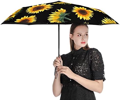 חמניות על מטריית נסיעות שחורה אטומה לרוח 3 קפלים מטרייה מתקפלת אוטומטית לגברים נשים
